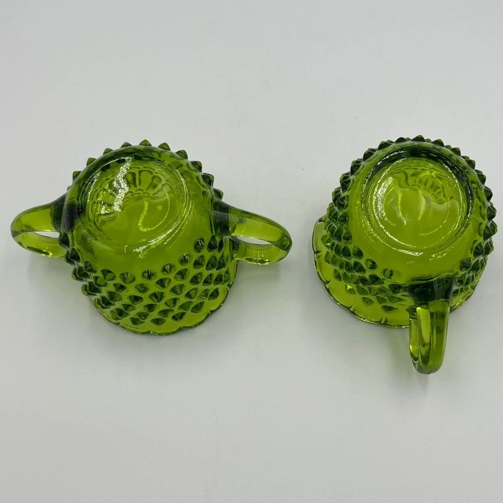 Fenton Hobnail Creamer Sugar Set Avocado Green Very Good MCM Glass